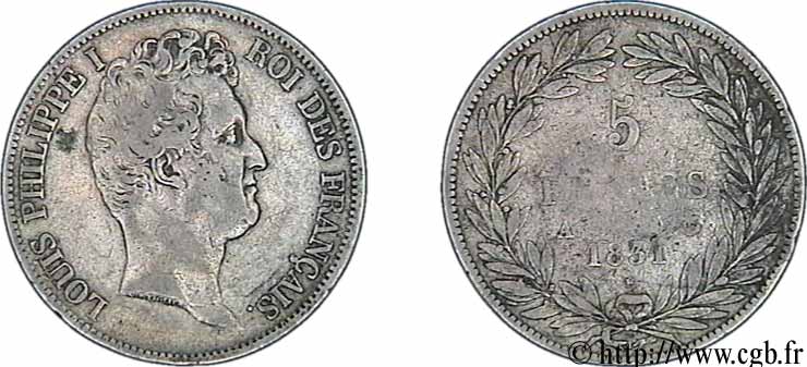 5 francs type Tiolier avec le I, tranche en creux 1831 Paris F.315/14 MB25 