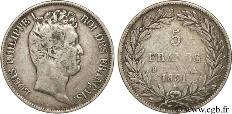 5 francs type Tiolier avec le I, tranche en creux 1831 Rouen F.315/15 TB22 