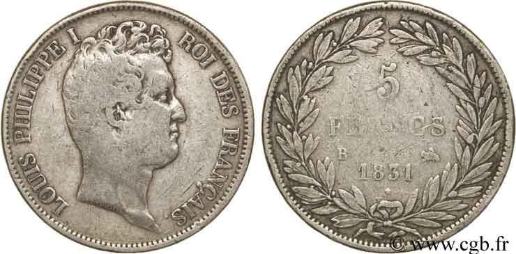 5 francs type Tiolier avec le I, tranche en creux 1831 Rouen F.315/15 B14 