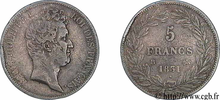 5 francs type Tiolier avec le I, tranche en creux 1831 Rouen F.315/15 TB28 