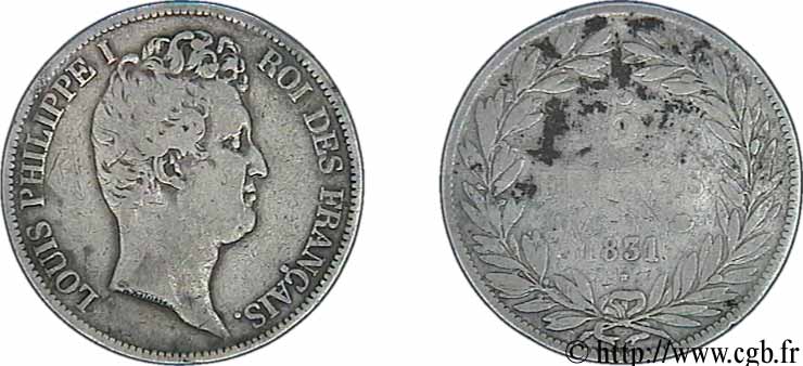 5 francs type Tiolier avec le I, tranche en creux 1831 Lyon F.315/17 TB17 