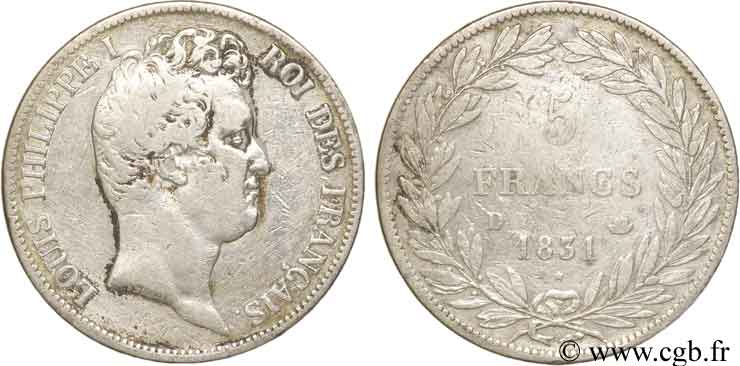 5 francs type Tiolier avec le I, tranche en creux 1831 Lyon F.315/17 S17 