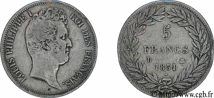 5 francs type Tiolier avec le I, tranche en creux 1831 Lyon F.315/17 S23 