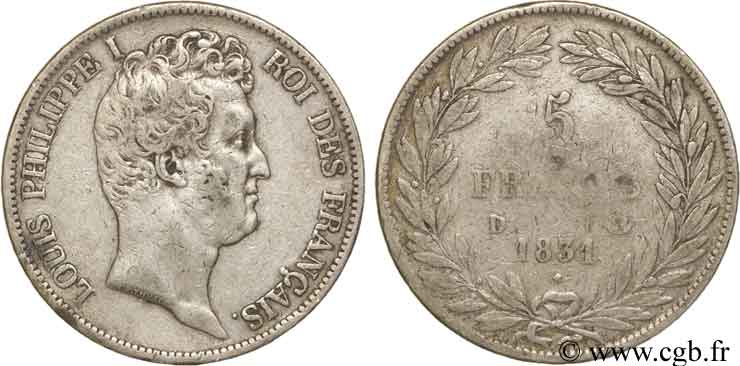 5 francs type Tiolier avec le I, tranche en creux 1831 Lyon F.315/17 MB23 