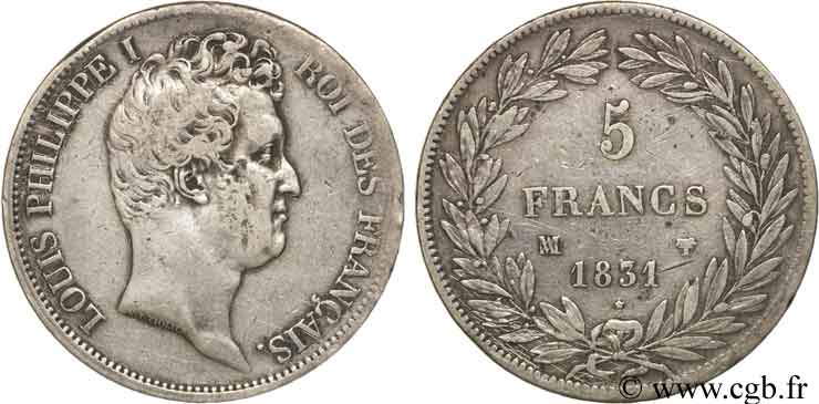 5 francs type Tiolier avec le I, tranche en creux 1831 Toulouse F.315/22 F12 