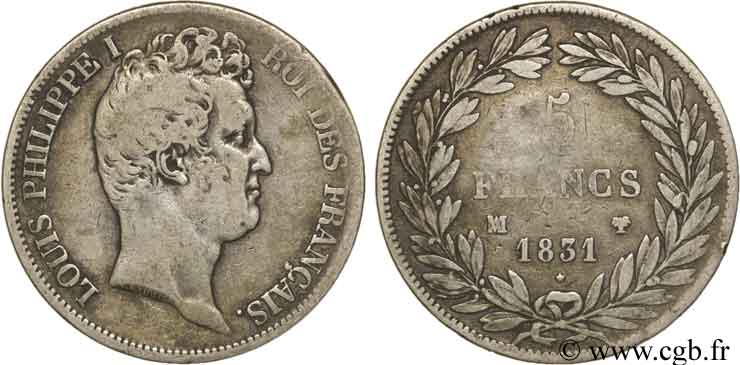 5 francs type Tiolier avec le I, tranche en creux 1831 Marseille F.315/23 TB20 