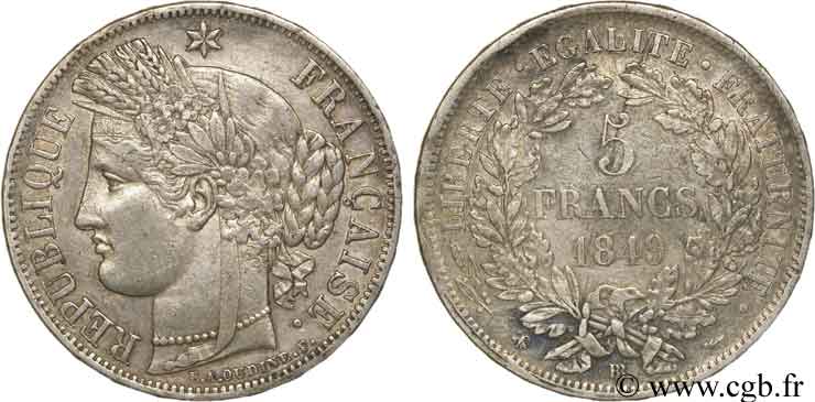 5 francs Cérès, IIe République 1849 Strasbourg F.327/3 TTB52 