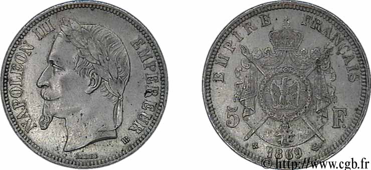 5 francs Napoléon III, tête laurée 1869 Strasbourg F.331/15 TTB50 