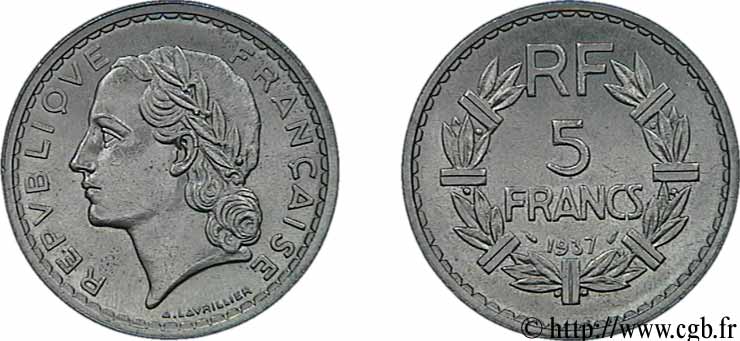 5 francs Lavrillier, nickel 1937  F.336/6 SUP62 