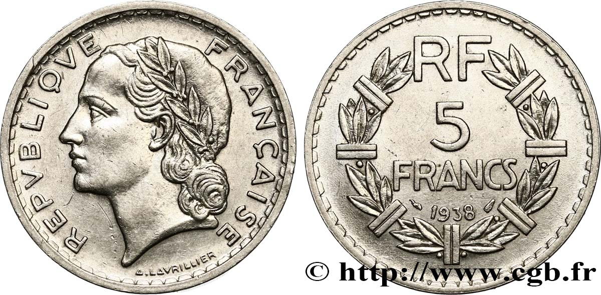 5 francs Lavrillier, nickel 1938  F.336/7 TTB53 