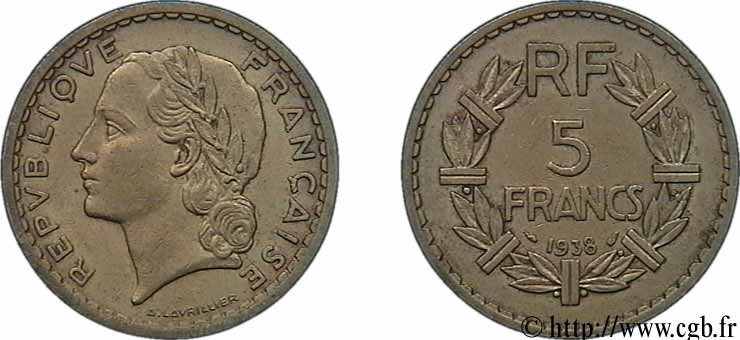 5 francs Lavrillier, bronze-aluminium 1938  F.337/1 TTB50 
