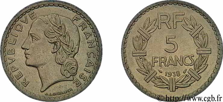 5 francs Lavrillier, bronze-aluminium 1938  F.337/1 MS62 