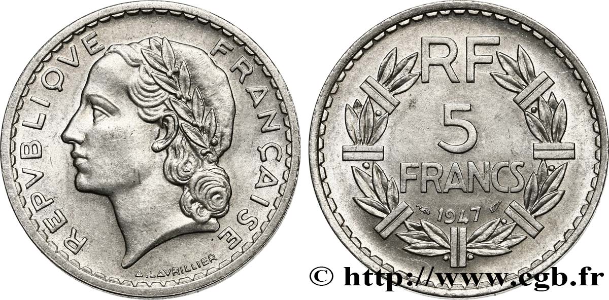 5 francs Lavrillier, aluminium 1947  F.339/9 AU58 