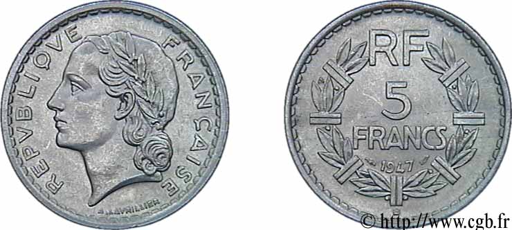 5 francs Lavrillier, aluminium 1947 Beaumont-Le-Roger F.339/11 VZ62 