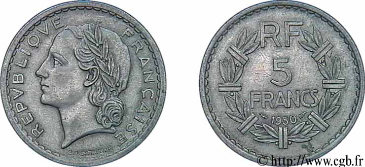 5 francs Lavrillier, aluminium 1950  F.339/20 VZ55 