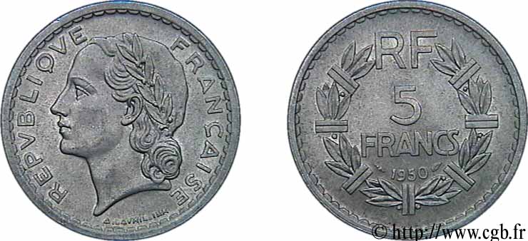 5 francs Lavrillier, aluminium 1950  F.339/20 SUP62 