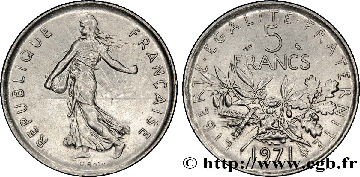 5 francs Semeuse, nickel 1971 Paris F.341/3 AU58 
