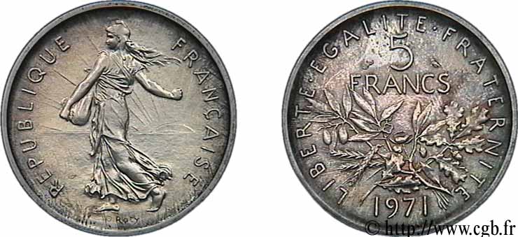 Piéfort argent de 5 francs Semeuse, nickel 1971 Paris F.341/3 MS64 