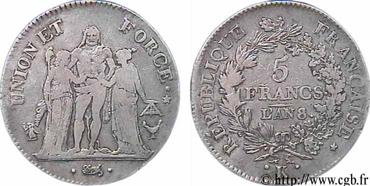 5 francs Union et Force, Union serré, avec gland intérieur du bas et gland extérieur 1800 Bordeaux F.288/137 B14 