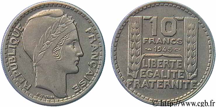 10 francs Turin, grosse tête, rameaux courts 1945  F.361A/1 BB48 