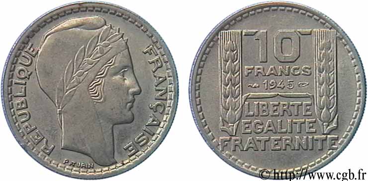 10 francs Turin, grosse tête, rameaux courts 1945  F.361A/1 SS50 