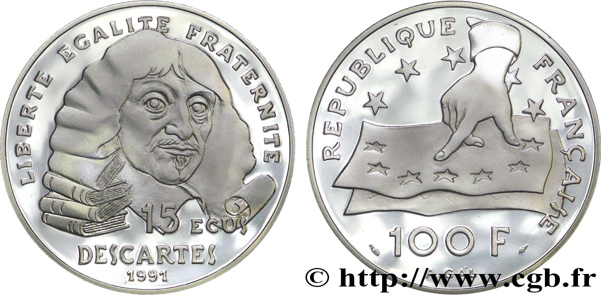 Belle Épreuve 15 écus / 100 francs Descartes 1991 Paris F5.2001 1 FDC69 