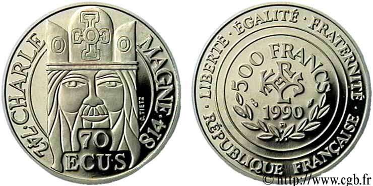 BE 70 écus / 500 francs Charlemagne 1990 Pessac F.2100 1 FDC70 