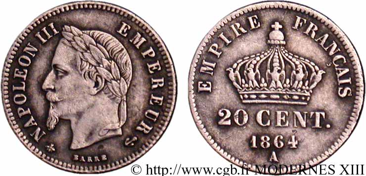 20 centimes Napoléon III, tête laurée, petit module 1864 Paris F.149/1 MBC50 