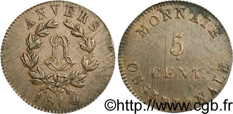 5 cent. Anvers au double L, frappe de l’atelier de Wolschot 1814  Anvers F.115D/1 TTB54 