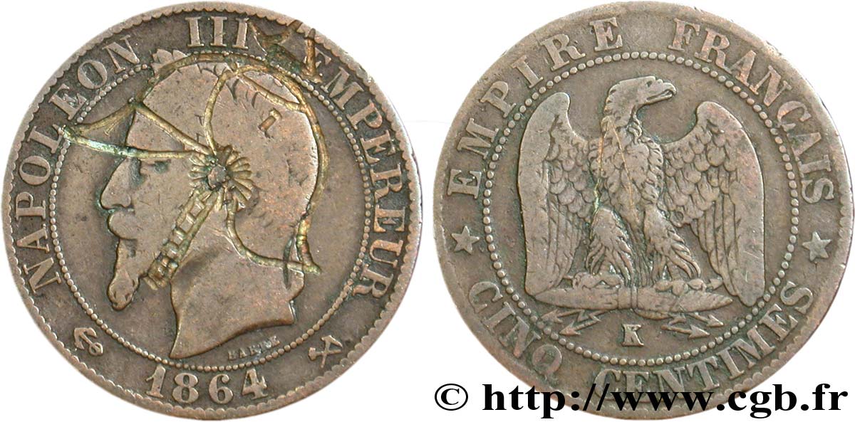 Cinq centimes Napoléon III, tête laurée, satirique 1864 Bordeaux F.117/15 TB35 