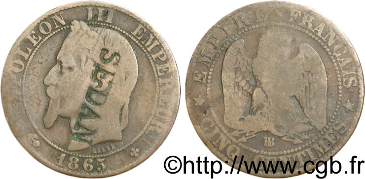 Cinq centimes Napoléon III, tête laurée, contremarquée SEDAN 1865 Strasbourg F.117/17 TB15 