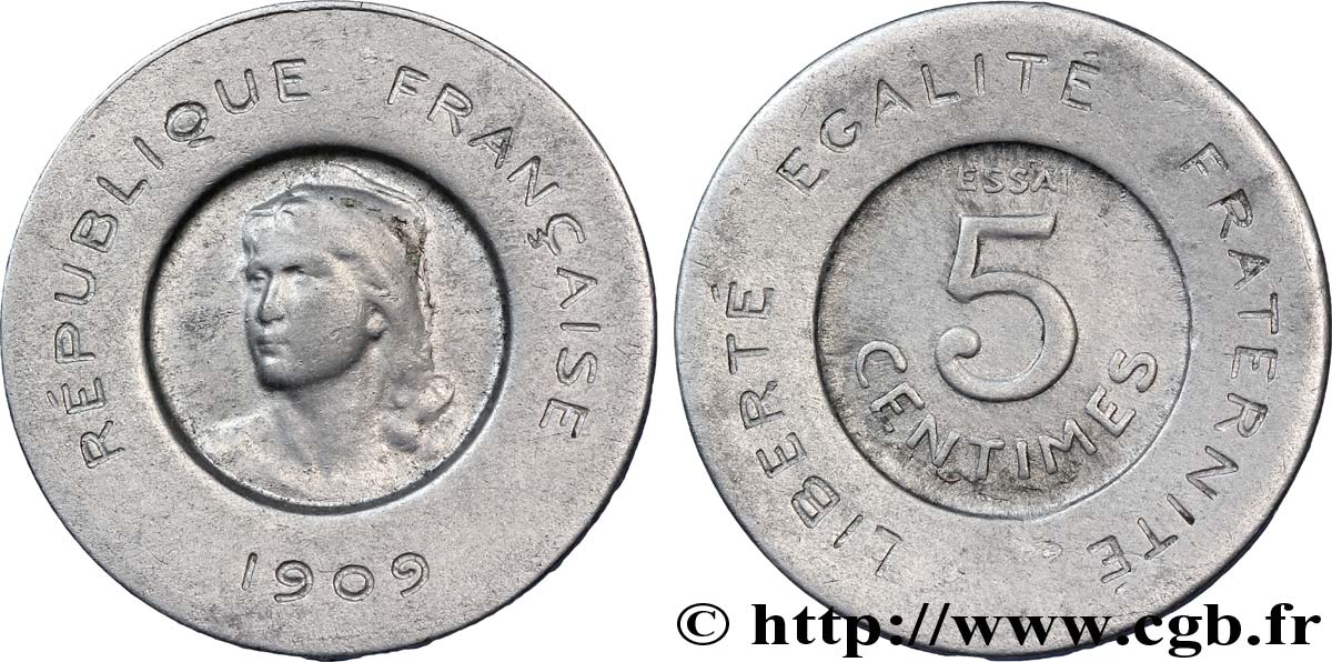 Essai en aluminium de 5 centimes Rude 1909 Paris VG.4639  SUP55 
