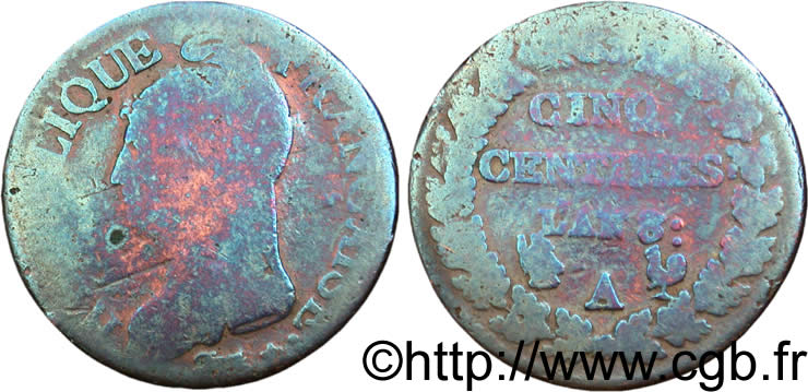 Cinq centimes Dupré, grand module, variété avec L’AN 8 : 1800 Paris F.115/45 B8 