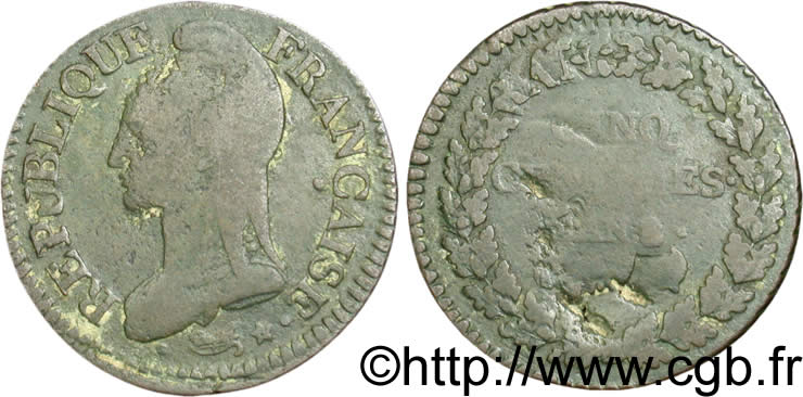 Cinq centimes Dupré, grand module, double frappe 1800 Metz F.115/102 var. B12 