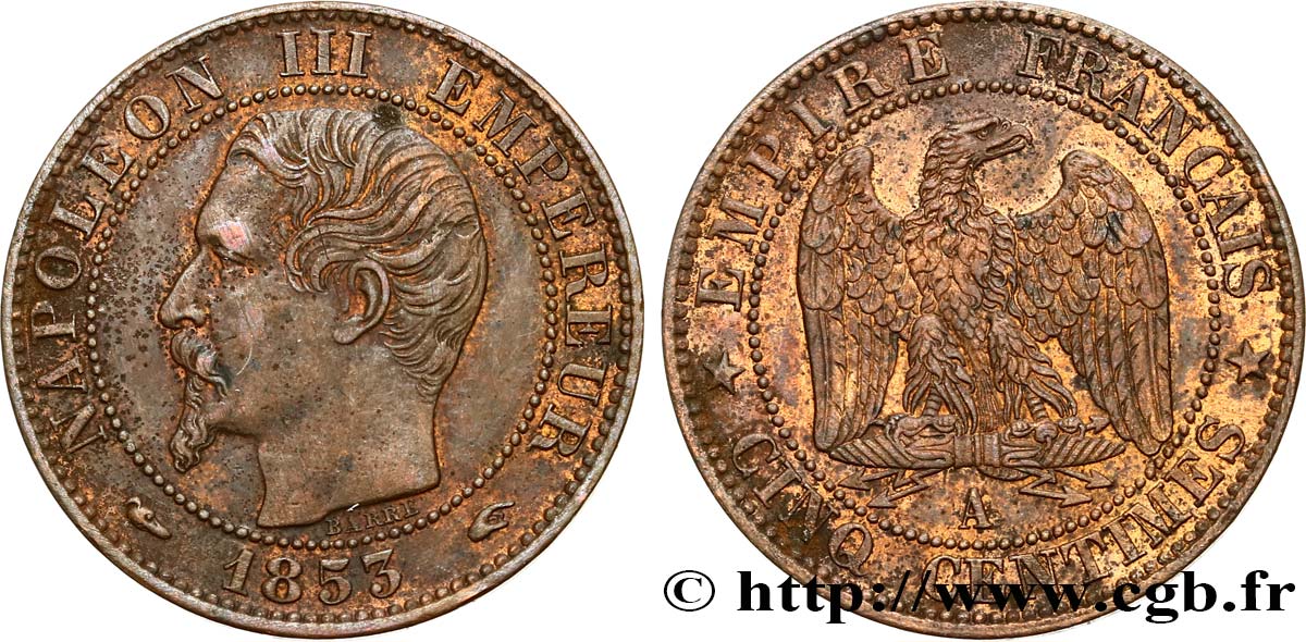 Cinq centimes Napoléon III, tête nue 1853 Paris F.116/1 SPL58 
