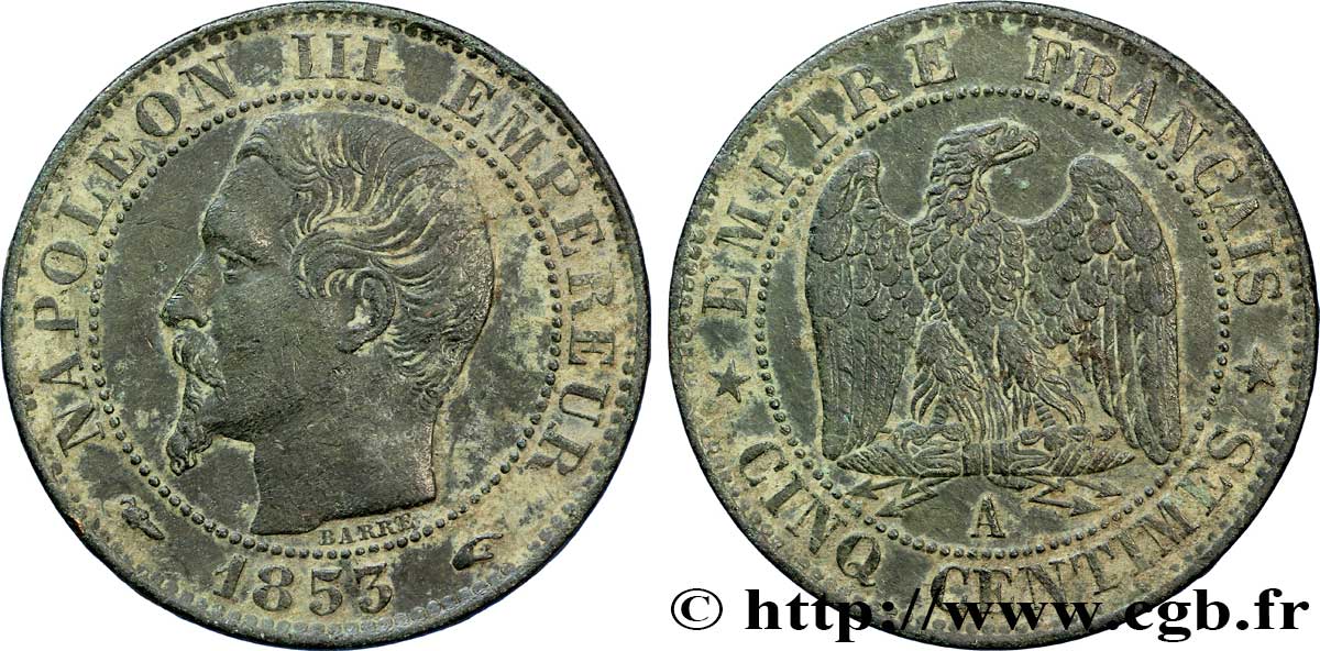 Cinq centimes Napoléon III, tête nue 1853 Paris F.116/1 TTB45 
