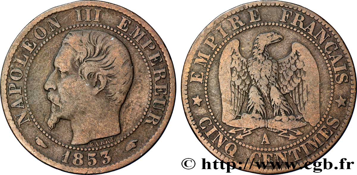 Cinq centimes Napoléon III, tête nue 1853 Paris F.116/1 TB20 