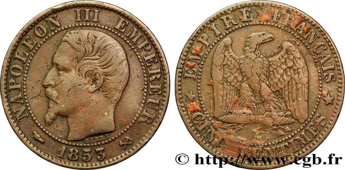 Cinq centimes Napoléon III, tête nue 1853 Rouen F.116/2 BC35 