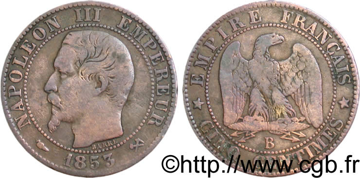 Cinq centimes Napoléon III, tête nue 1853 Rouen F.116/2 BC20 