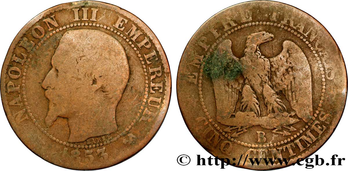 Cinq centimes Napoléon III, tête nue 1853 Rouen F.116/2 VG8 