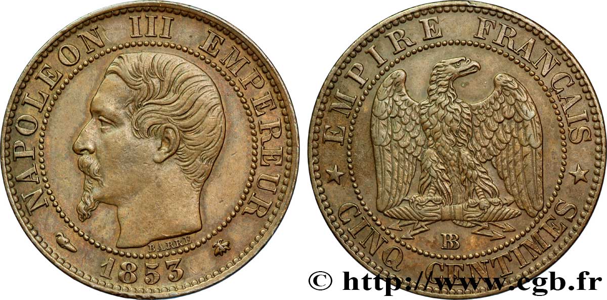 Cinq centimes Napoléon III, tête nue 1853 Strasbourg F.116/3 SUP55 