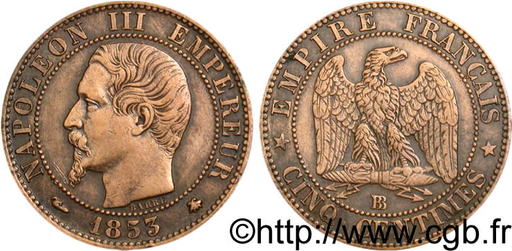 Cinq centimes Napoléon III, tête nue 1853 Strasbourg F.116/3 BB50 