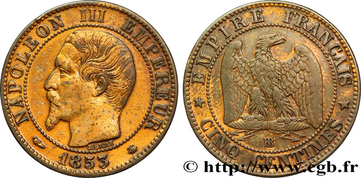 Cinq centimes Napoléon III, tête nue 1853 Strasbourg F.116/3 TB35 