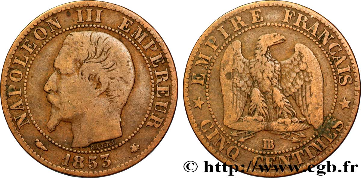 Cinq centimes Napoléon III, tête nue 1853 Strasbourg F.116/3 TB20 