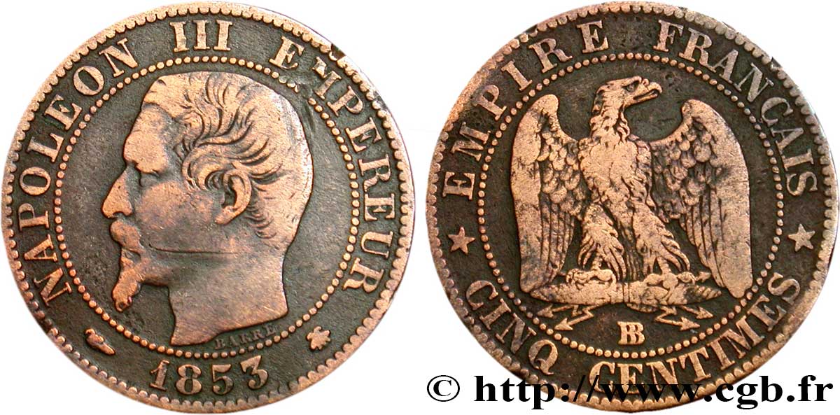 Cinq centimes Napoléon III, tête nue 1853 Strasbourg F.116/3 RC12 