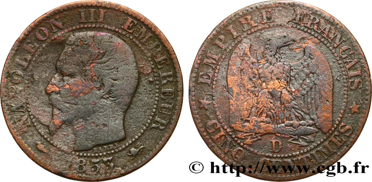 Cinq centimes Napoléon III, tête nue 1853 Lyon F.116/4 RC12 
