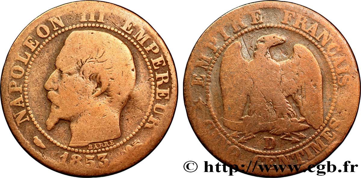 Cinq centimes Napoléon III, tête nue 1853 Lyon F.116/4 B8 