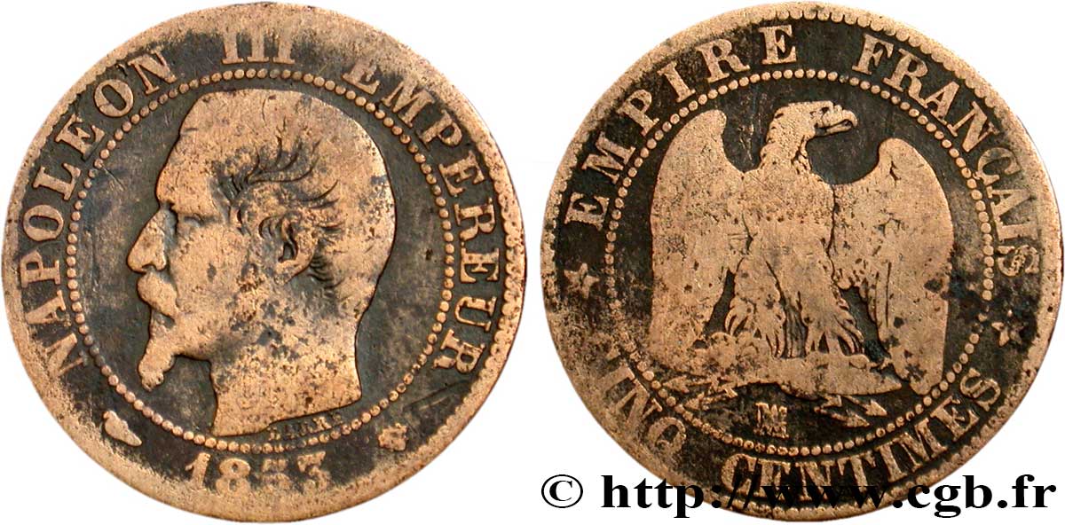 Cinq centimes Napoléon III, tête nue 1853 Marseille F.116/6 VG8 