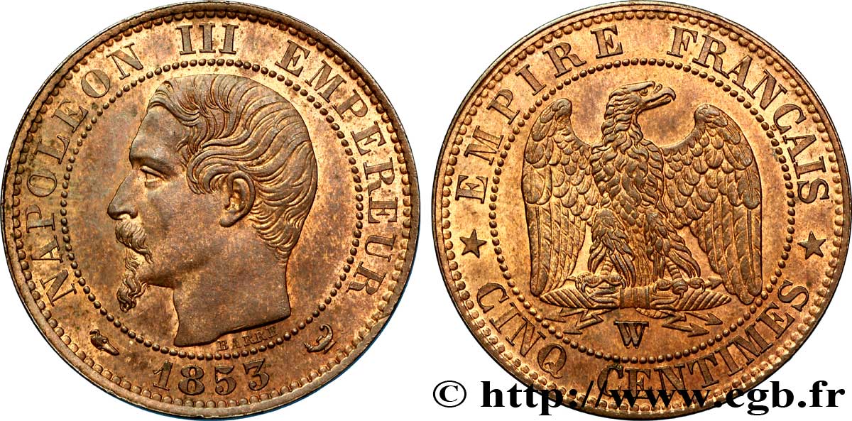 Cinq centimes Napoléon III, tête nue 1853 Lille F.116/7 EBC60 