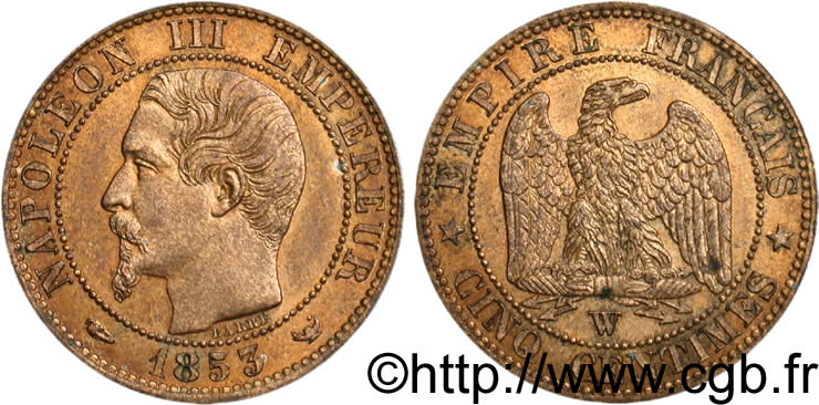 Cinq centimes Napoléon III, tête nue 1853 Lille F.116/7 SUP62 